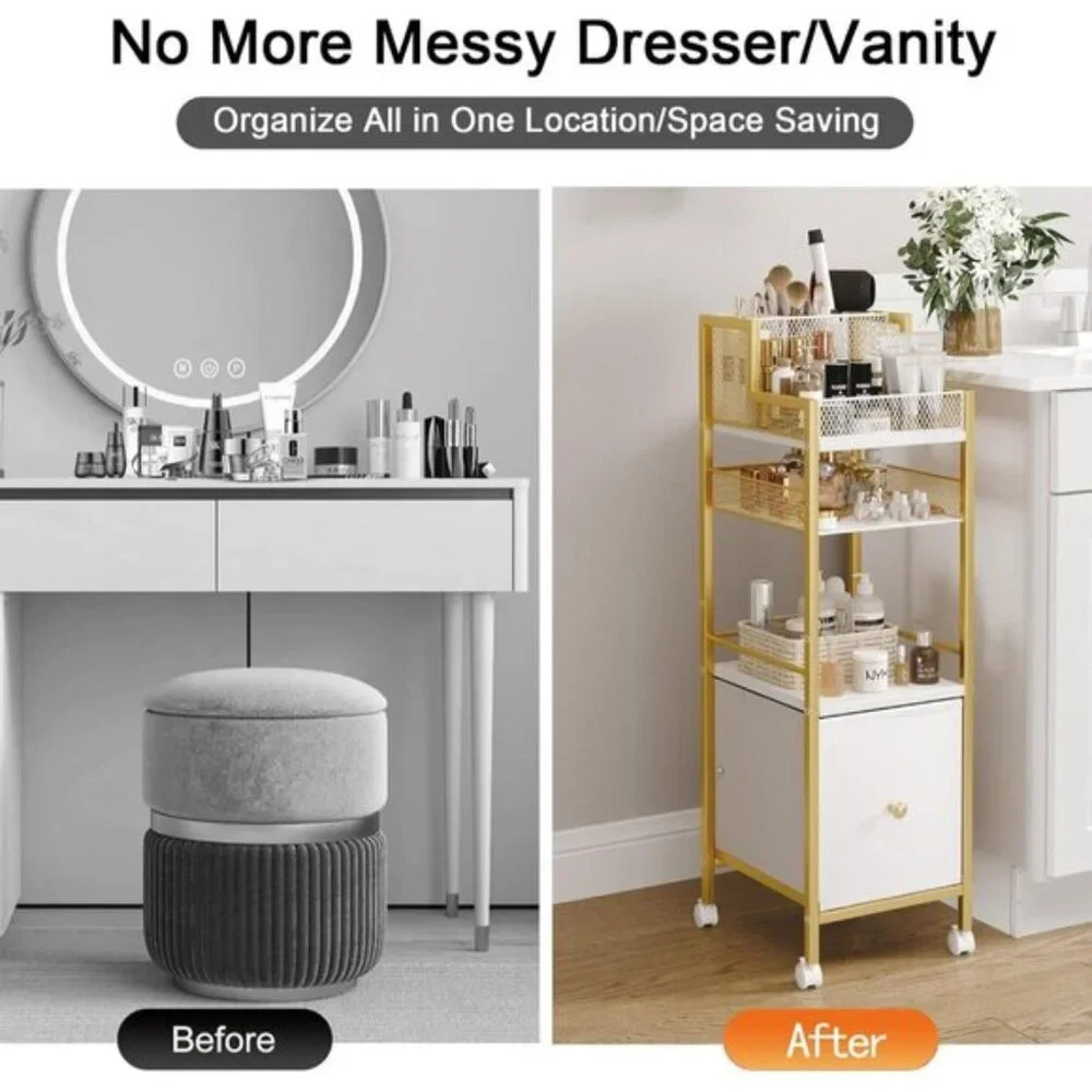 New Gold Rolling Makeup Storage Cart, Vanity Organizer with Drawers for Home